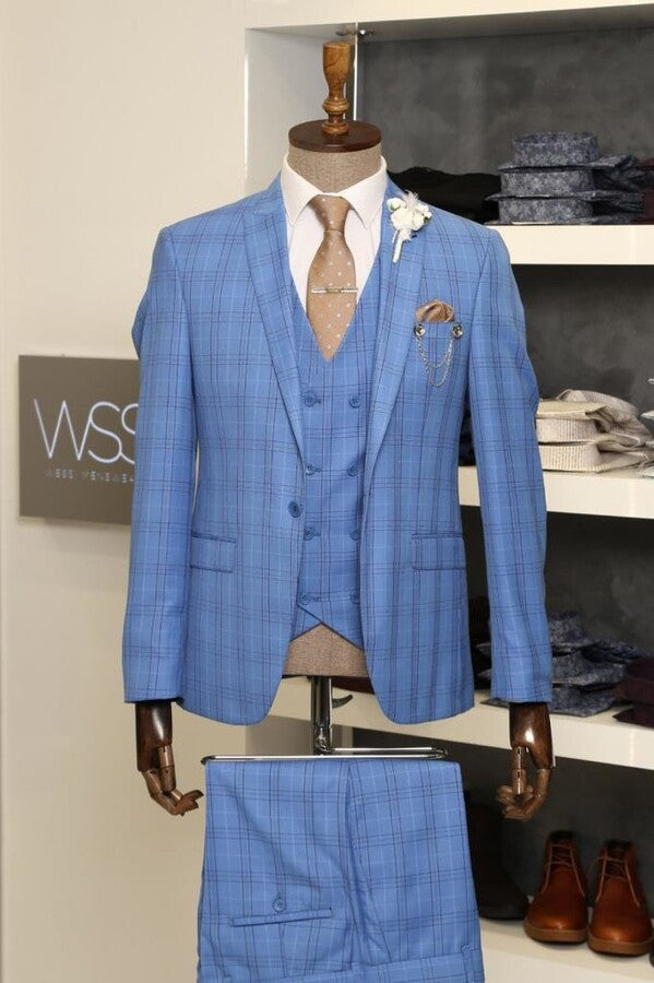 Traje de cuadros azul claro para hombre - Wessi