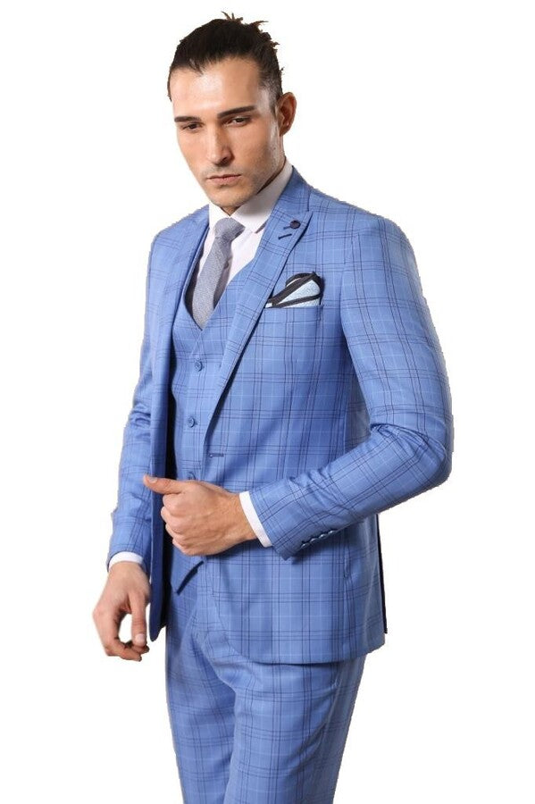 Traje de cuadros azul claro para hombre - Wessi