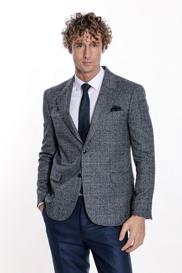 Checked Navy Blue Men Blazer - Wessi