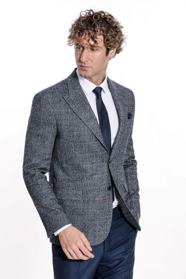 Checked Navy Blue Men Blazer - Wessi