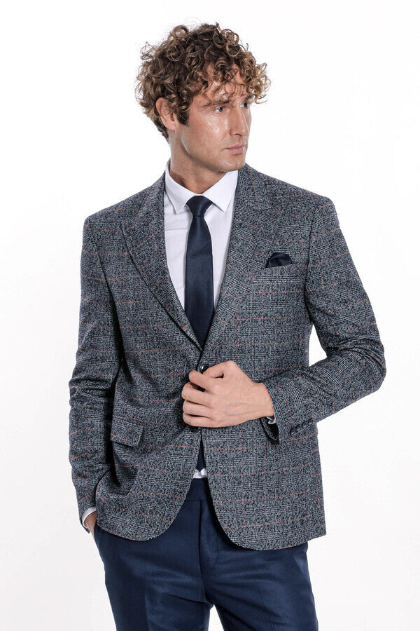 Checked Navy Blue Men Blazer - Wessi