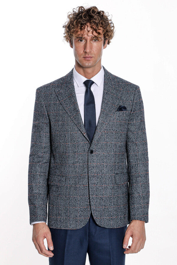 Checked Navy Blue Men Blazer - Wessi