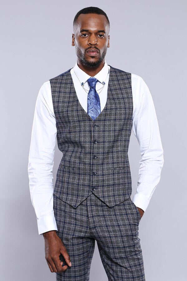 Checked Navy Blue Men Vest - Wessi