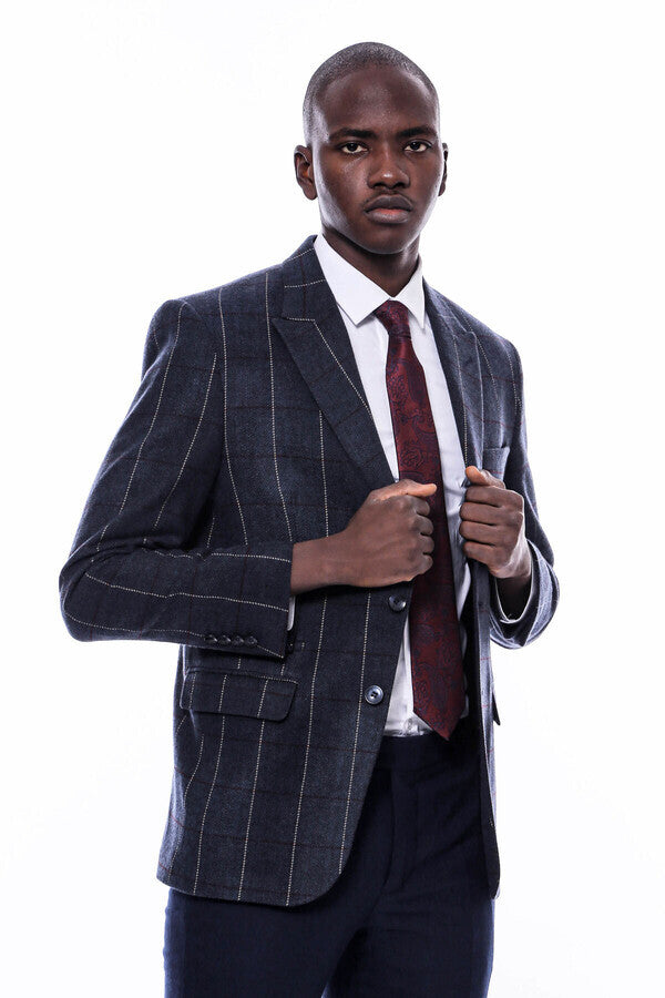 Checked Navy Blue Slim-Fit Blazer - Wessi