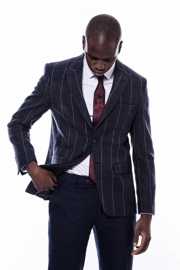 Checked Navy Blue Slim-Fit Blazer - Wessi