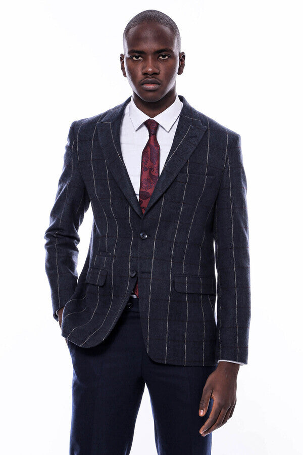 Checked Navy Blue Slim-Fit Blazer - Wessi