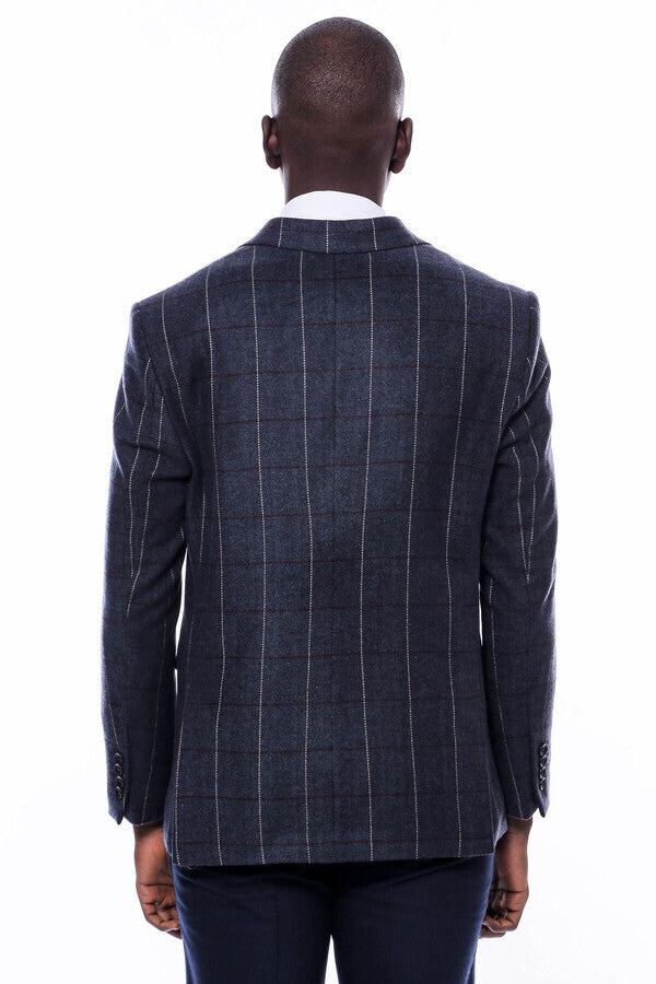 Checked Navy Blue Slim-Fit Blazer - Wessi