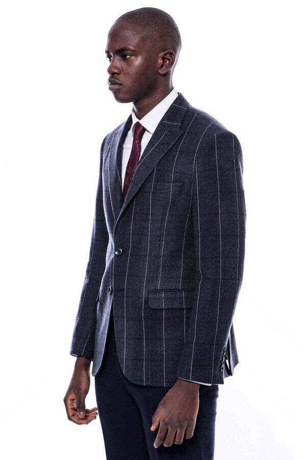 Checked Navy Blue Slim-Fit Blazer - Wessi