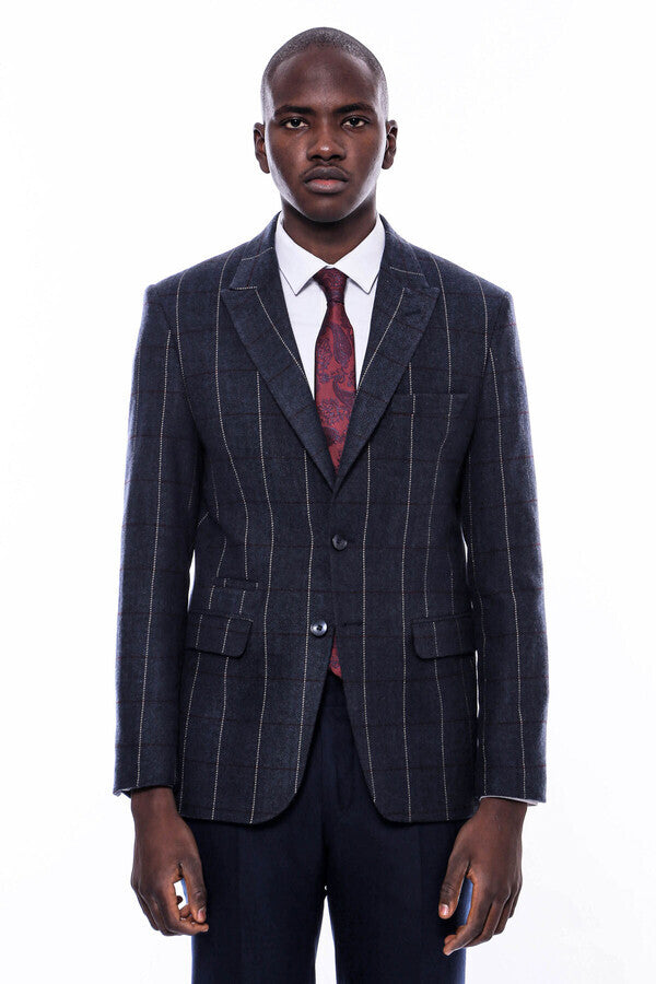 Checked Navy Blue Slim-Fit Blazer - Wessi