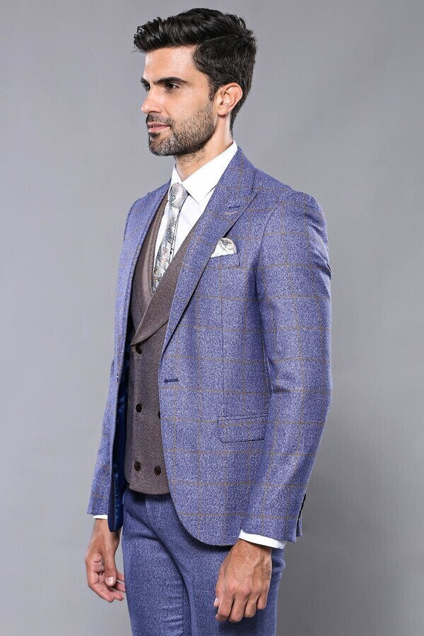 Checked Blue Men's Suit - Wessi