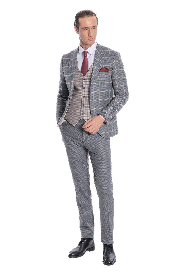 Checked Patterned Beige Vested Slim Fit Grey Men Suit - Wessi