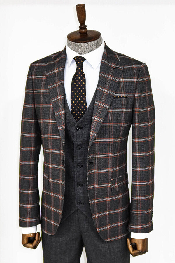 Checked Patterned Black Slim Fit Suit - Wessi