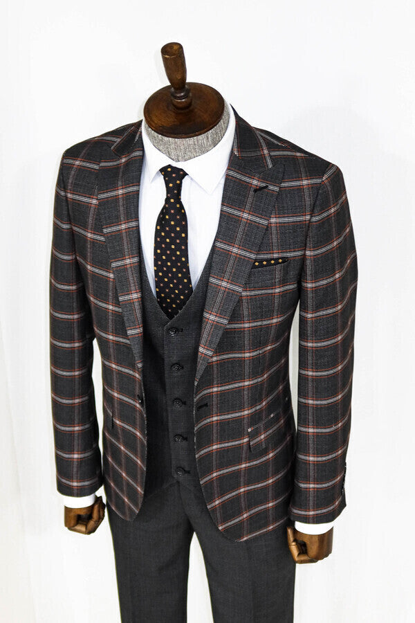 Checked Patterned Black Slim Fit Suit - Wessi