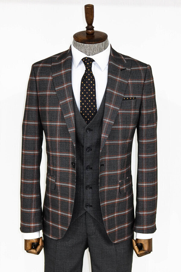 Checked Patterned Black Slim Fit Suit - Wessi