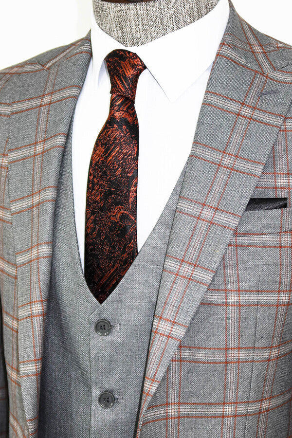 Checked Patterned Grey Slim Fit Suit - Wessi