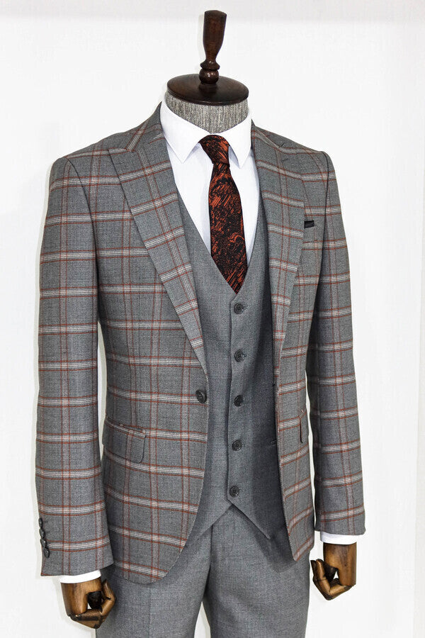 Checked Patterned Grey Slim Fit Suit - Wessi