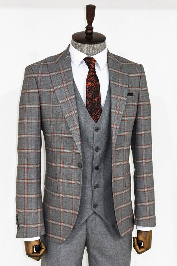 Checked Patterned Grey Slim Fit Suit - Wessi