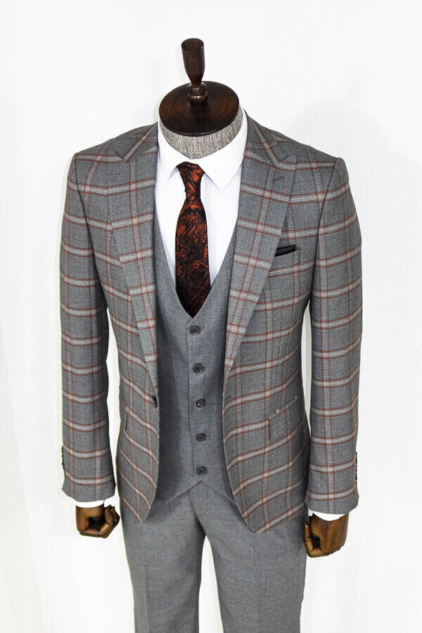 Checked Patterned Grey Slim Fit Suit - Wessi