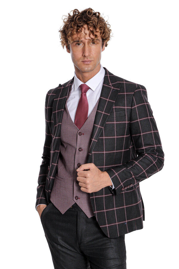 Checked Patterned Slim Fit Black Men Suit - Wessi