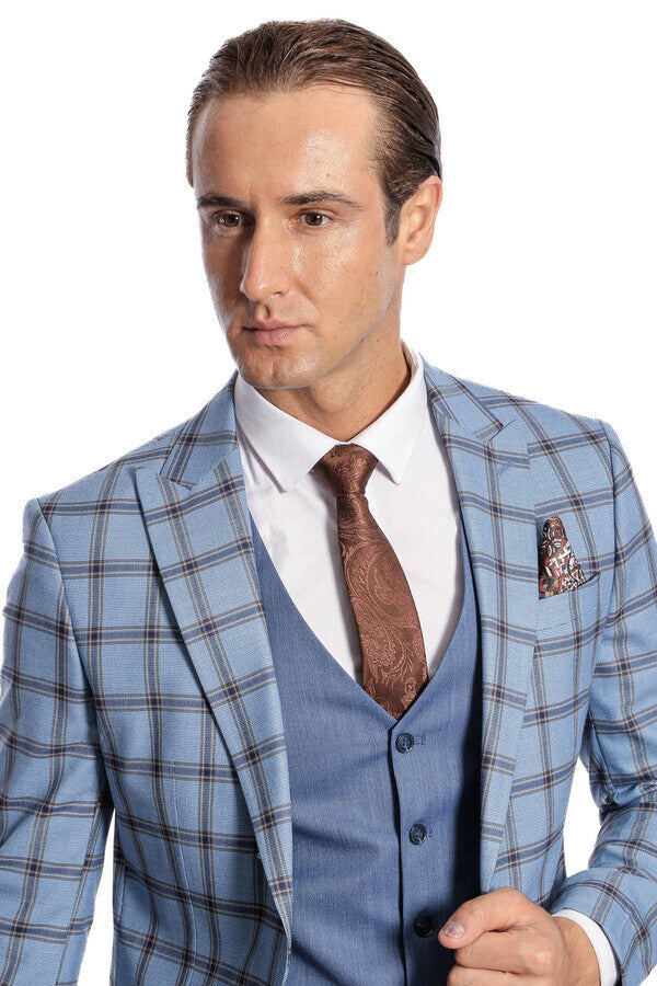 Checked Patterned Slim Fit Blue Men Suit - Wessi