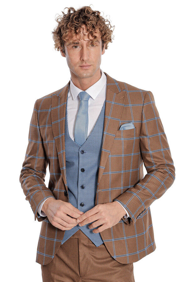 Checked Patterned Slim Fit Brown Men Suit - Wessi