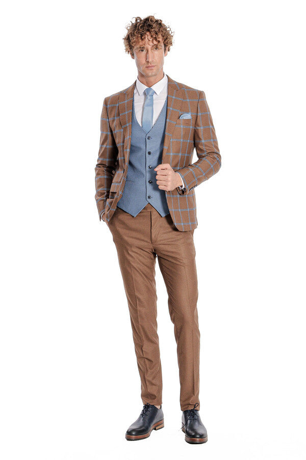 Checked Patterned Slim Fit Brown Men Suit - Wessi