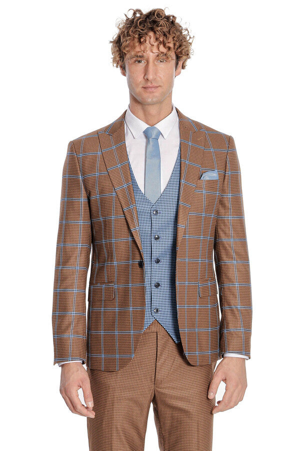 Checked Patterned Slim Fit Brown Men Suit - Wessi