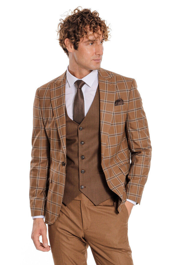 Checked Patterned Slim Fit Brown Men Suit - Wessi