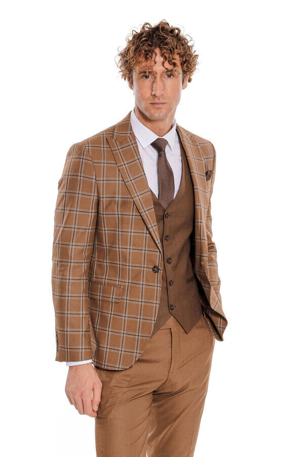 Checked Patterned Slim Fit Brown Men Suit - Wessi