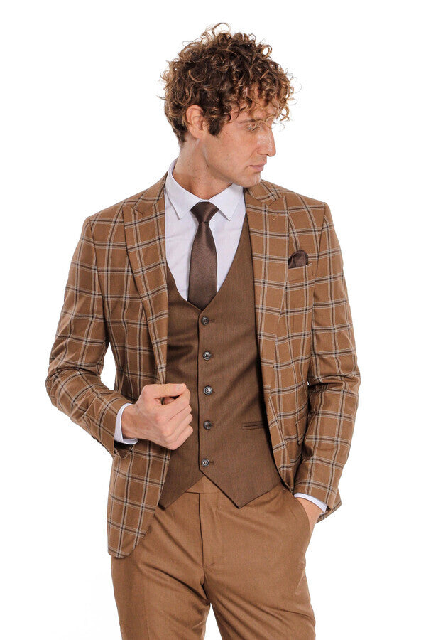 Checked Patterned Slim Fit Brown Men Suit - Wessi