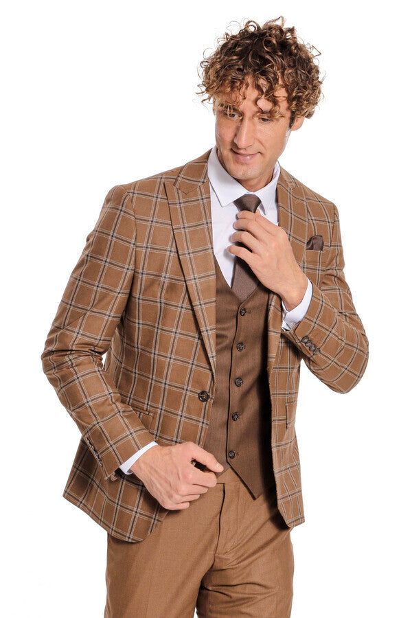 Checked Patterned Slim Fit Brown Men Suit - Wessi