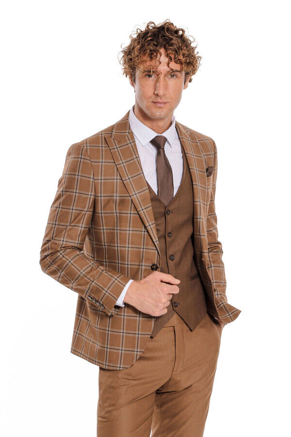 Checked Patterned Slim Fit Brown Men Suit - Wessi