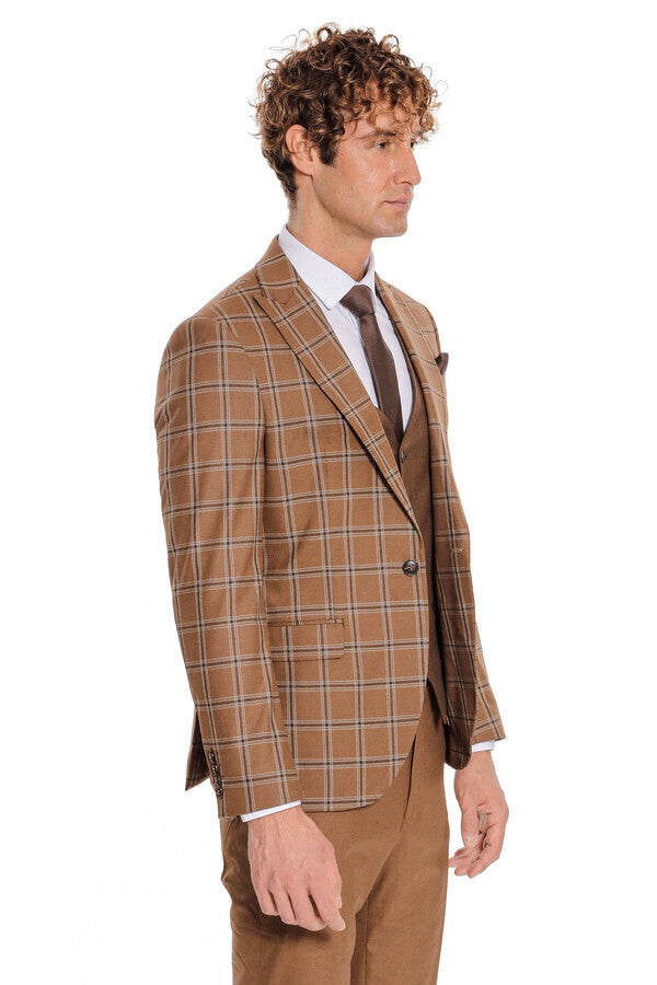 Checked Patterned Slim Fit Brown Men Suit - Wessi