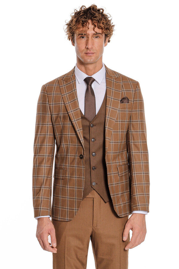 Checked Patterned Slim Fit Brown Men Suit - Wessi