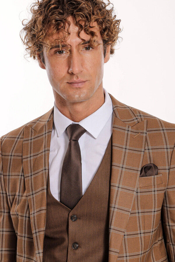 Checked Patterned Slim Fit Brown Men Suit - Wessi