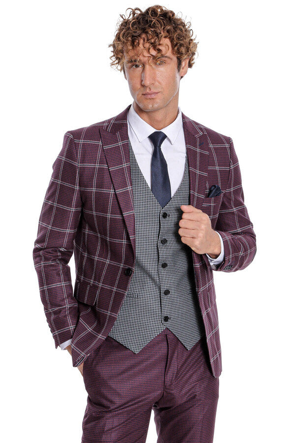 Checked Patterned Slim Fit Burgundy Men Suit - Wessi