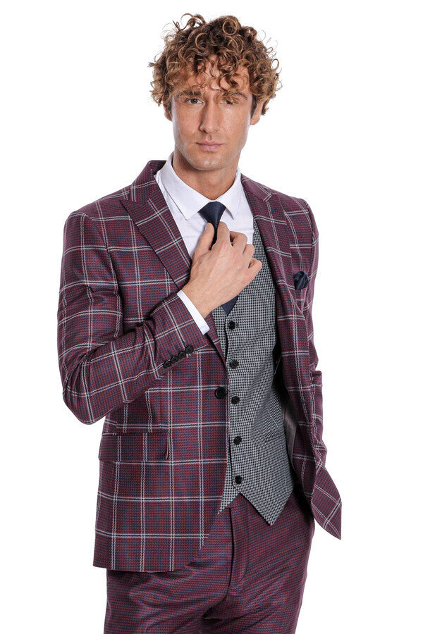 Checked Patterned Slim Fit Burgundy Men Suit - Wessi