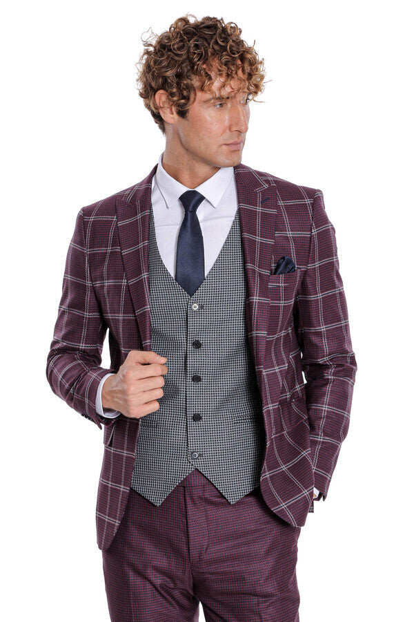 Checked Patterned Slim Fit Burgundy Men Suit - Wessi