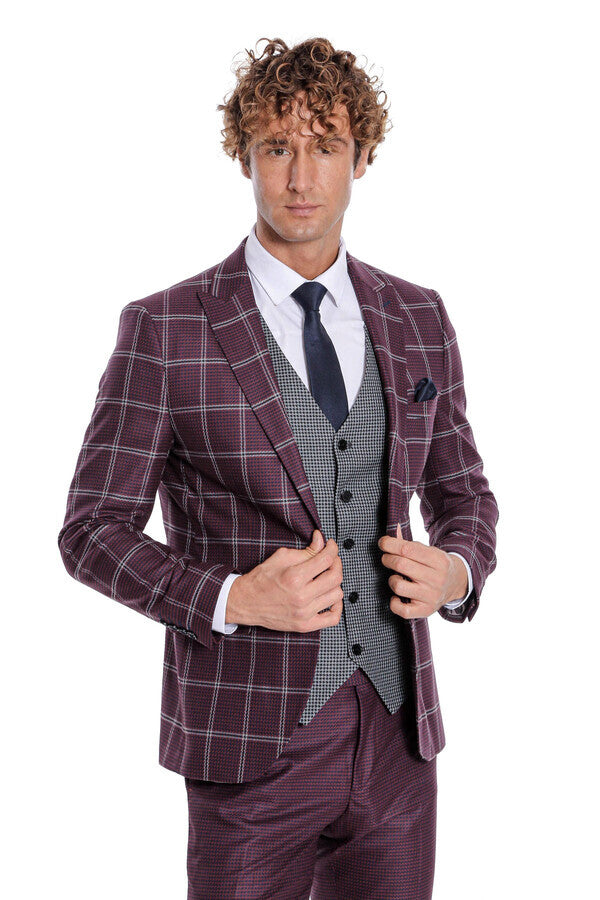 Checked Patterned Slim Fit Burgundy Men Suit - Wessi