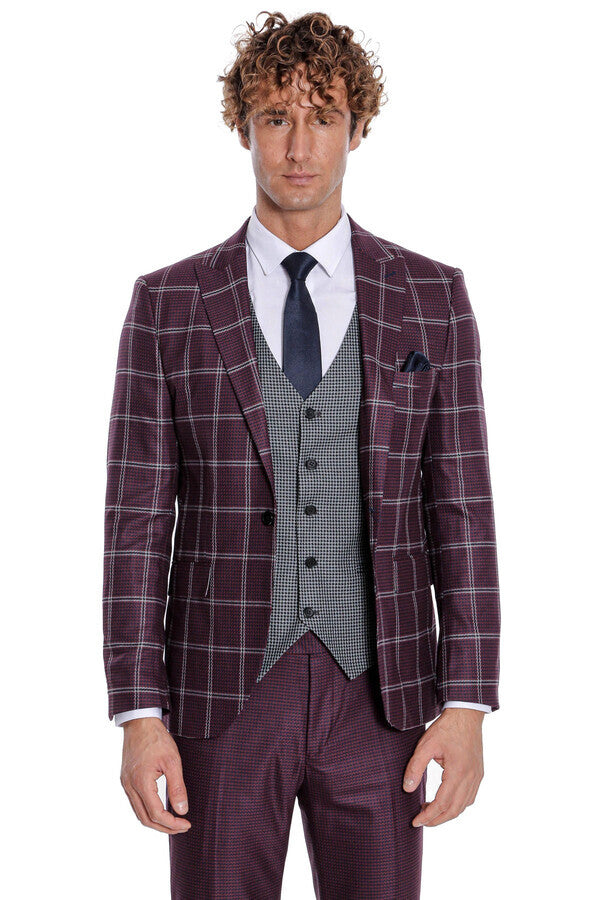 Checked Patterned Slim Fit Burgundy Men Suit - Wessi