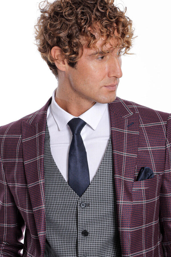 Checked Patterned Slim Fit Burgundy Men Suit - Wessi