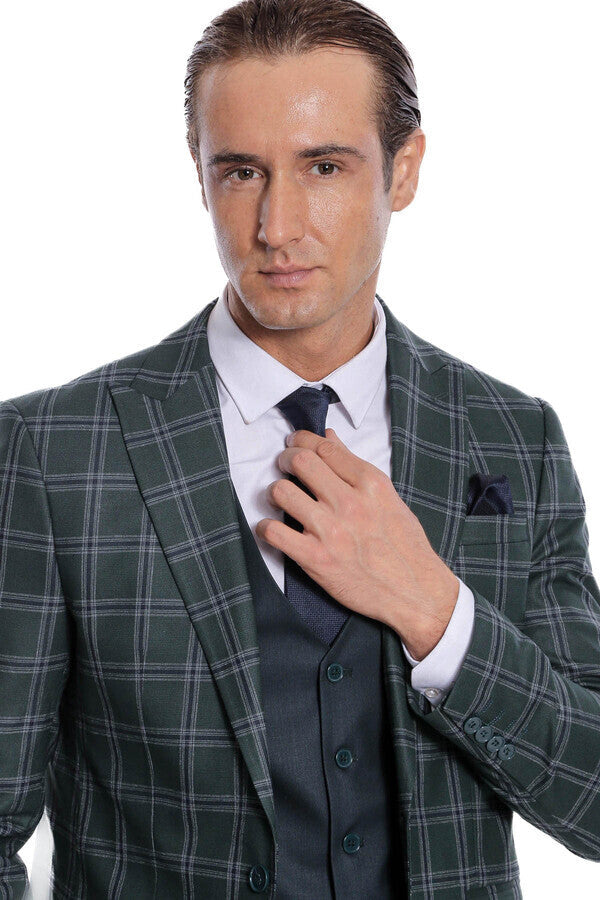 Checked Patterned Slim Fit Green Men Suit - Wessi