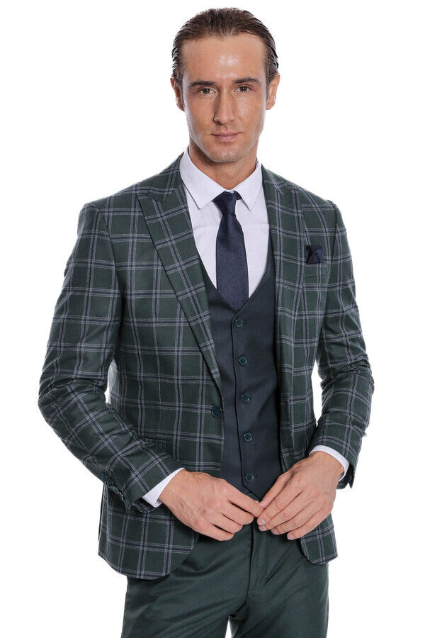 Checked Patterned Slim Fit Green Men Suit - Wessi