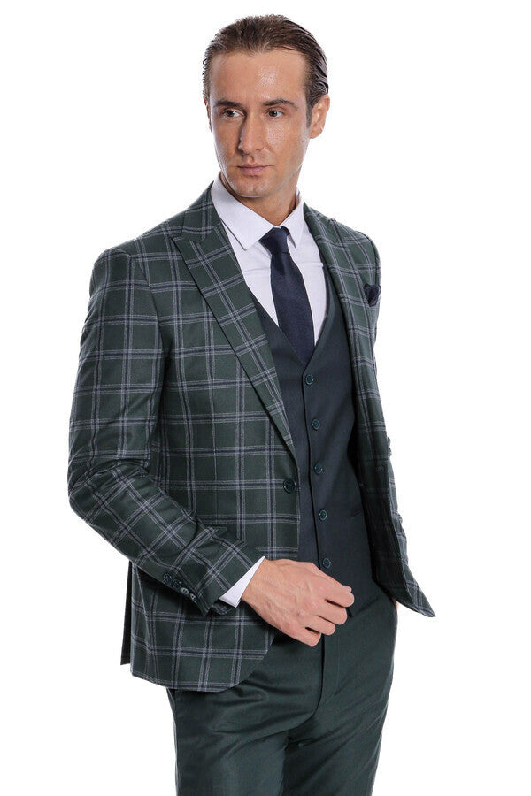 Checked Patterned Slim Fit Green Men Suit - Wessi