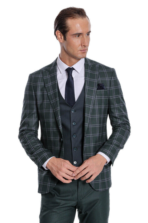 Checked Patterned Slim Fit Green Men Suit - Wessi