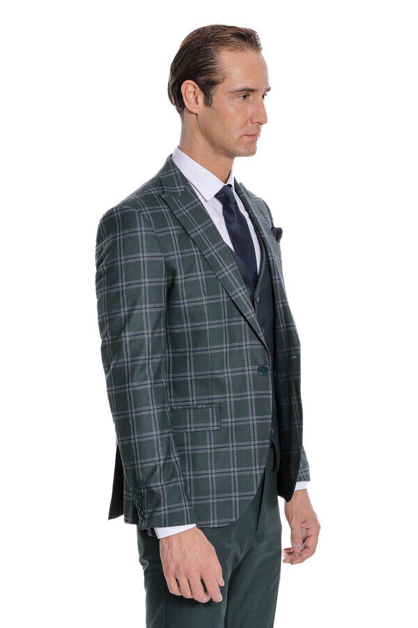 Checked Patterned Slim Fit Green Men Suit - Wessi