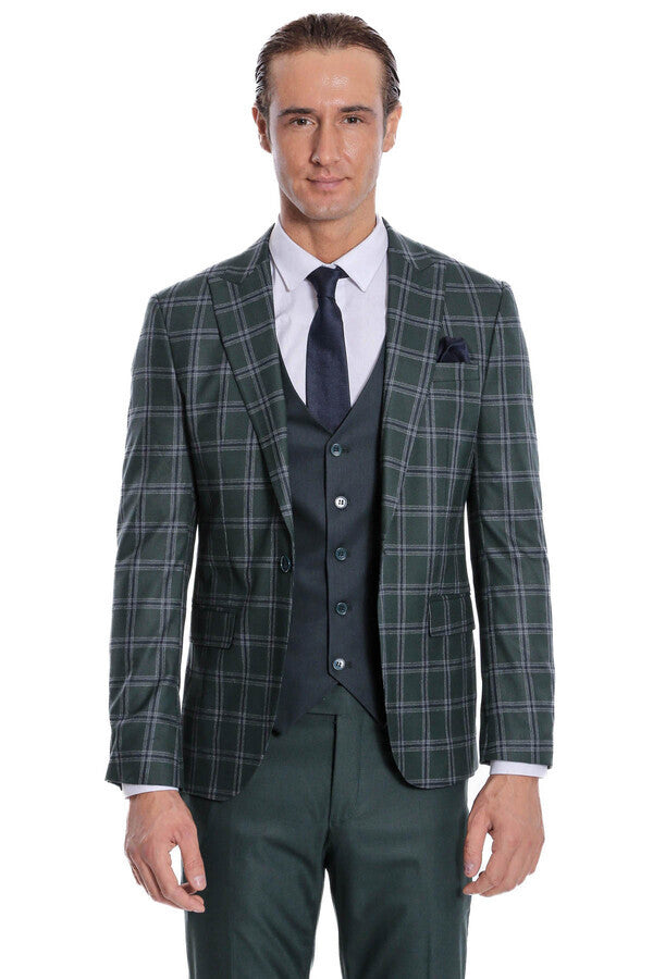 Checked Patterned Slim Fit Green Men Suit - Wessi