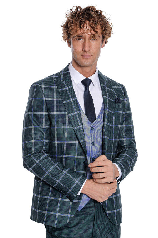 Checked Patterned Slim Fit Green Men Suit - Wessi