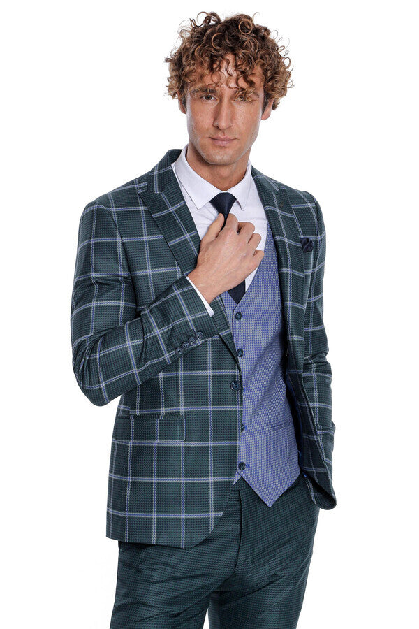 Checked Patterned Slim Fit Green Men Suit - Wessi