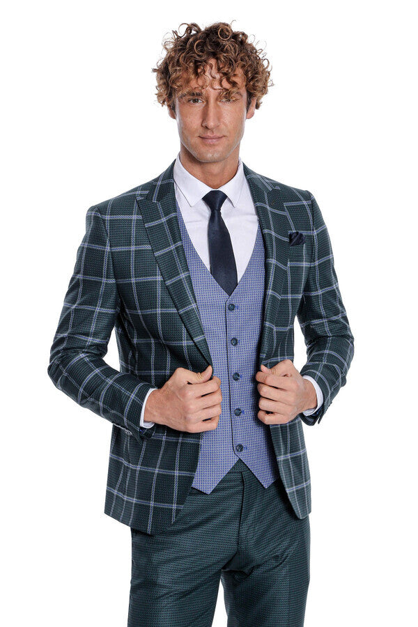 Checked Patterned Slim Fit Green Men Suit - Wessi